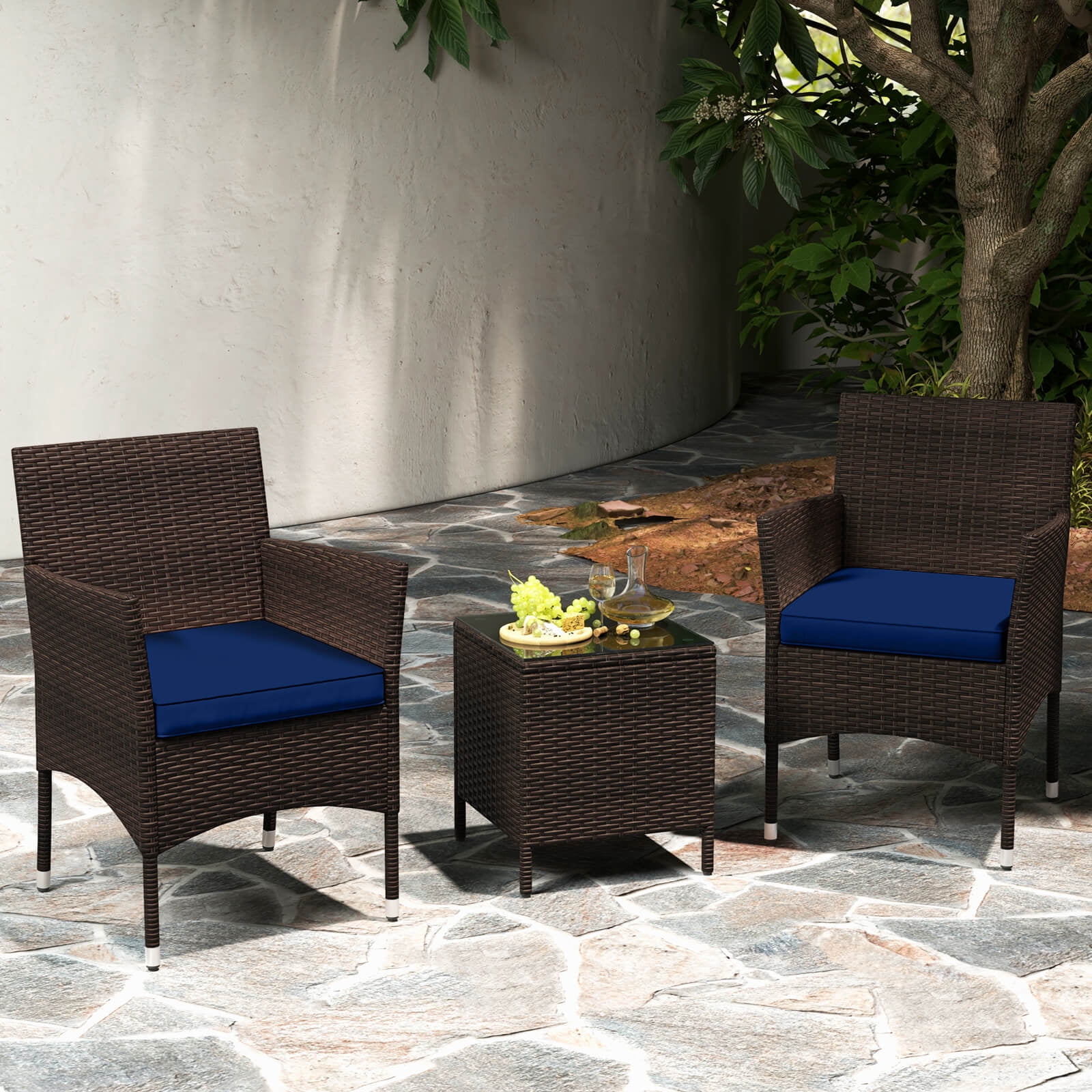 Costway 3 PCS Outdoor Conversation Set with Cushioned Seat & Tempered Glass Tabletop Navy