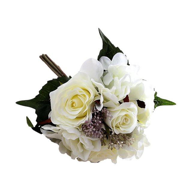 mmirethe Artificial Flowers Bouquet Fake Hydrangea Heads Realistic Roses Party Home Decorative Table Wedding Display Decoration White