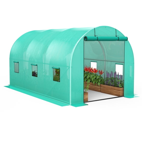 Spacious Walk-In Greenhouse for Outdoors - 13x8x7 ft Galvanized Steel Frame - Heavy Duty PE Cover, 6 Mesh Windows, 2 Roll-Up Doors - 12 Shelves Hot House for Backyard, Vegetables, Garden