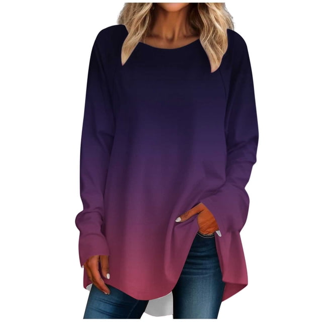 FAIWAD Women's Long Sleeve Tunic Tops Gradient Round Neck Trendy Spring Casual Pullover Tops