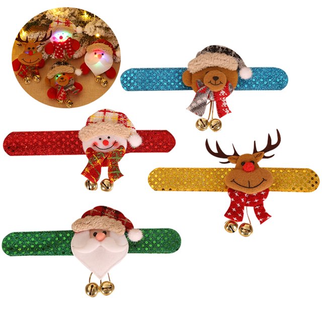 4 Pcs Bracelet Claquant de Noël Mignon Assorti Lumineux Bracelet de Fête Bande Claquante Présentant des Motifs Multicolores avec des Personnages Festifs comme le Père Noël, le Renne, le Bonhomme de Neige et l'Ours. Chaque Bracelet Est Fait de Tissu, de Fer et de Coton, Mesurant 21x13cm (8.27x5.12 Po). Comprend des Lumières DEL Alimentées par des Piles à Bouton (Incluses). Idéal pour les Fêtes de Noël, les Événements de Danse Ou comme Cadeaux pour Enfants.