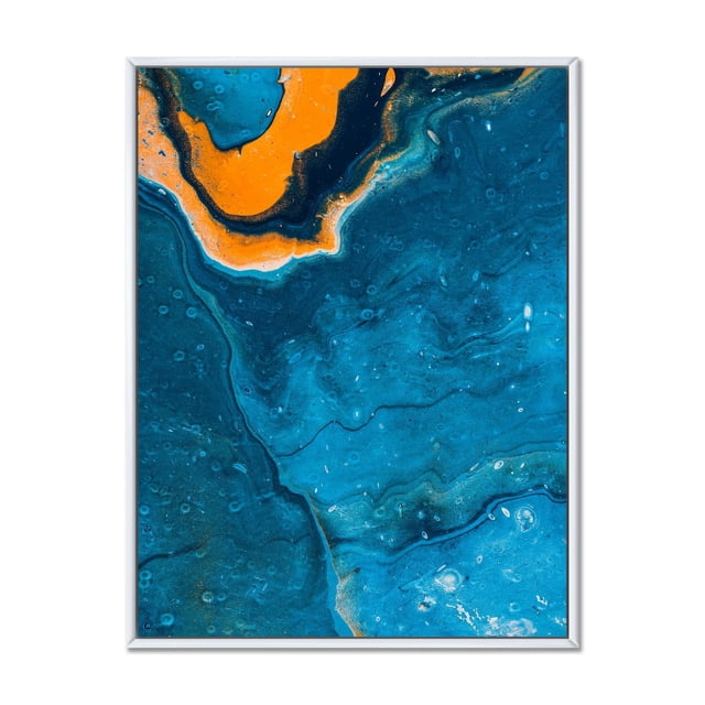 Designart Composition Abstraite de Marbre en Bleu et Orange III Cadre Flottant ART Mural avec Motifs de Marbre Abstrait Tourbillonnants Bleu et Orange Imprimés sur Toile de Coton de Qualité Supérieure, Enveloppé et Étiré sur un Cadre Flottant en Bois Blanc de 1 Po, Prêt à Accrocher à la Déco de la Maison.