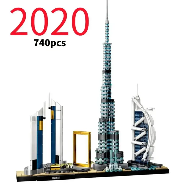 LEGP 2016-2022 Architecture Skylines Collectible Series Of Building Blocks Kit, featuring a detailed model of Dubai's iconic skyline, including the Burj Khalifa, Burj Al Arab, and other landmarks. This 740-piece plastic building block set is designed for adults and recommended for ages 14 and up. Made from ABS plastic, it meets European and American toy safety standards. The set is compatible with LEG-0 and does not include a box.