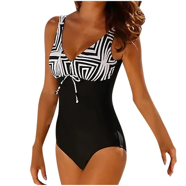 Maillots de Bain une Pièce pour Femmes à Imprimé, Contrôle du Ventre, Tenue de Plage avec Imprimé Géométrique Noir et Blanc sur le Haut, Décolleté en V Profond et Bas Noir Uni. Conçu avec un Cordon de Serrage sous la Poitrine pour Plus de style et de Soutien. Fabriqué en polyester, Ce Maillot de Bain Convient pour l'Été, la Plage, la Piscine et les Vacances Tropicales. Offert en Tailles P à TTG.