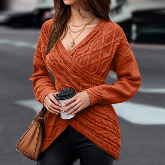 VgaVtl Women's Sweaters Long Sleeve Chunky V-Neck Womens Sweaters Fall Knit Orange Fitted Slim Solid Color Sweaters