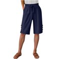 thumbnail image 1 of Womens Half Shorts Pants Summer Elastic Waist Buttons Casual Linen Pockets Pants, 1 of 8