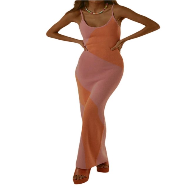 MesaSe Femmes Sans Manches Tricoté Longue Robe Cravate Teinture Spaghetti Sangle Backless Fronde Maxi Robes