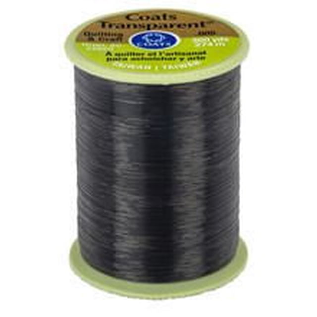 Coats & Clark Transparent Nylon Thread spool with tightly wound black 100% polyester invisible thread, suitable for sewing notions, machine quilting, and crafts, featuring a yellow label with brand and product details.