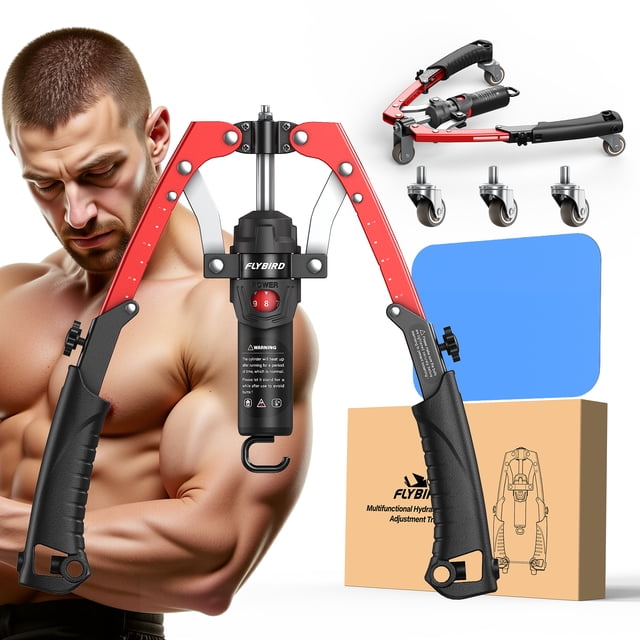 FLYBIRD 2-in-1 Twister Arm Trainer with Ab Roller Wheel, adjustable hydraulic resistance from 22-440lbs, designed for chest, shoulders, forearms, triceps, and core muscle strengthening. The image highlights the red and black arm trainer with ergonomic handles, detachable ab roller wheels, a blue pad, and a backpack. A versatile home gym accessory and portable fitness tool.