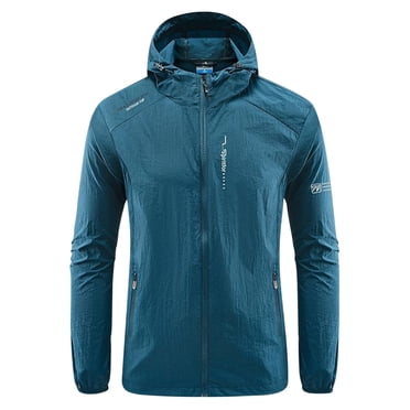 TIMIFIS Mens Jacket Waterproof with Hooded Hiking Coat Lightweight Windbreaker Zip Jacket Sun Protection Work Coat Windbreaker for Hiking Travel-BlueFall