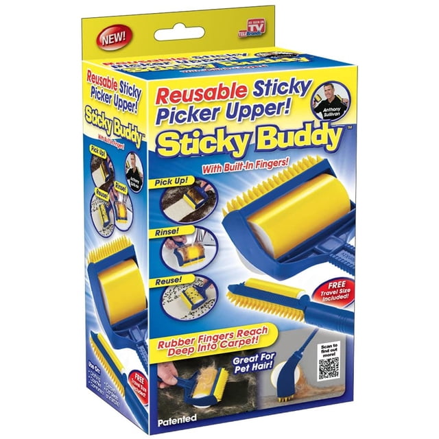 Sticky Buddy Rouleau Adhésif Réutilisable pour Enlever les Poils d'Animaux, Brosse Telle Que Vue à la Télé. l'Emballage Comprend un Rouleau Bleu pour Enlever les Poils d'Animaux avec des Doigts en Caoutchouc Conçus pour Pénétrer Profondément dans les Tapis et les Tissus, Enlève Efficacement les Poils, Poils d'Animaux et Débris. le Rouleau Adhésif Réutilisable Est Doux pour les Tissus Délicats et Résistant aux Dégâts Lourds. Comprend un Rouleau Sticky Buddy Format Voyage pour une Utilisation en Déplacement. Doté d'Un design à Rincer et Réutiliser pour un Nettoyage Sans Fin.