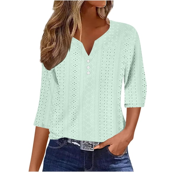 Women Pullover Tops in Clearance 3/4 Length Sleeve Tops for Women Trending V Neck Blouse Tee Solid Color T Shirts Loose Fitted Comfy Tunic Tops Womens T Shirts New Mint Green XXL
