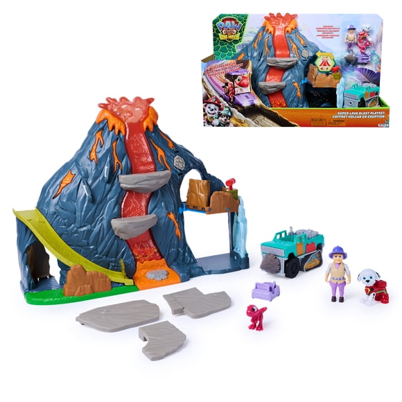 PAW Patrol: The Dino Movie, Coffret Super Lava Blast Volcano avec figurine et véhicule Hellinger exclusif, effets sonores et lumineux, 4 figurines articulées et jouets dinosaures, pour garçons et fil