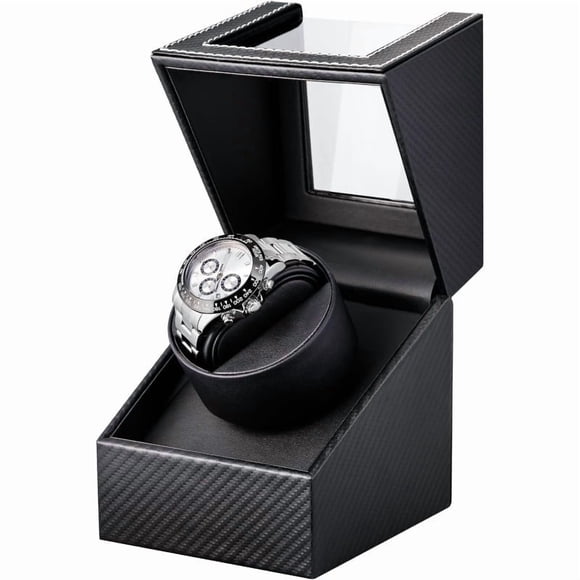 Remontoir Automatique : Boîtier de Remontoir Automatique pour Montre Simple, Boîtier Rotatif en Cuir Fibre de Carbone Noir, Remontoir de Montre avec Moteur Silencieux, Alimenté par Pile Ou Adaptateur CA