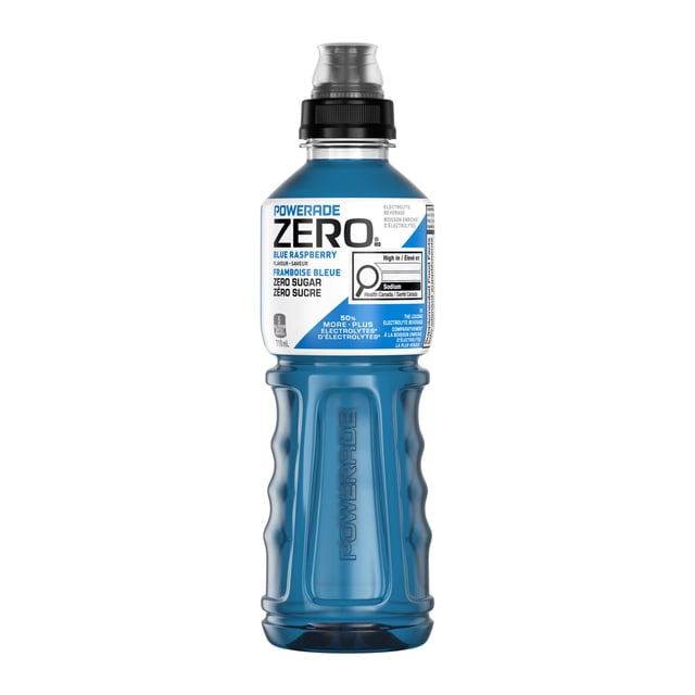 Powerade Zero Blue Raspberry Bottle, 710 mL, front view of a blue sports electrolyte drink bottle with a black and clear sports cap, white label showing zero sugar, blue raspberry flavor, and electrolyte system for hydration and energy metabolism support, often used by athletes for hydration during workouts.