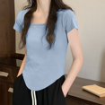 thumbnail image 2 of VSSSJ T-Shirts à Manches Courtes pour Femmes Col Rond Décolleté Plongeant Ourlet Irrégulier Tee Coupe Décontractée Été Décontracté T-Shirt Uni Bleu TG, 2 of 3
