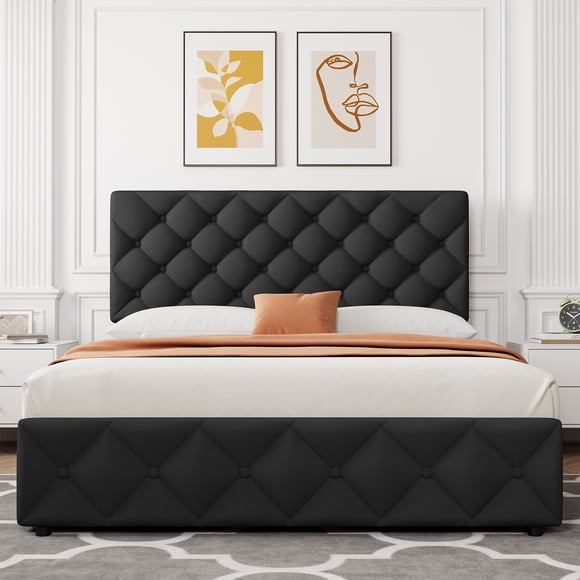 YUSAZENS Queen Size Bed Frame with 4 Storage Drawers and Adjustable Headboard, Upholstered Platform Bed Frame with Storage, Diamond Stitched Button Tufted,Easy Assembly, No Box Spring Needed, Black