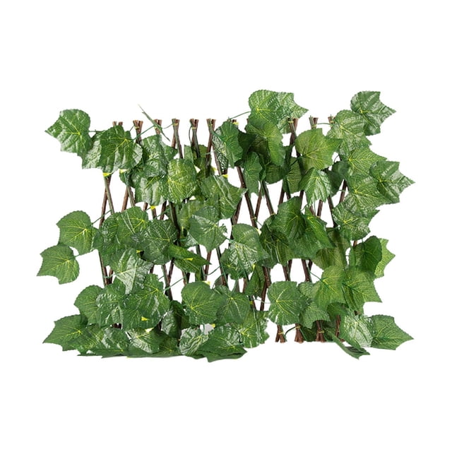 Garden Fence Trellis Privacy Screening Panel with artificial grape leaves, featuring an expandable wooden frame. The trellis can be adjusted horizontally or vertically, making it suitable for balconies, courtyards, windows, stairs, and walls. The green foliage adds a decorative touch to indoor or outdoor spaces. Easy to install with ties, wire, nails, or hooks.