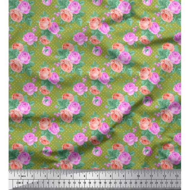 Soimoi Tissu en Rayonne à Pois, Feuilles et Roses Imprimé Floral pour Couture, Largeur 56 Pouces