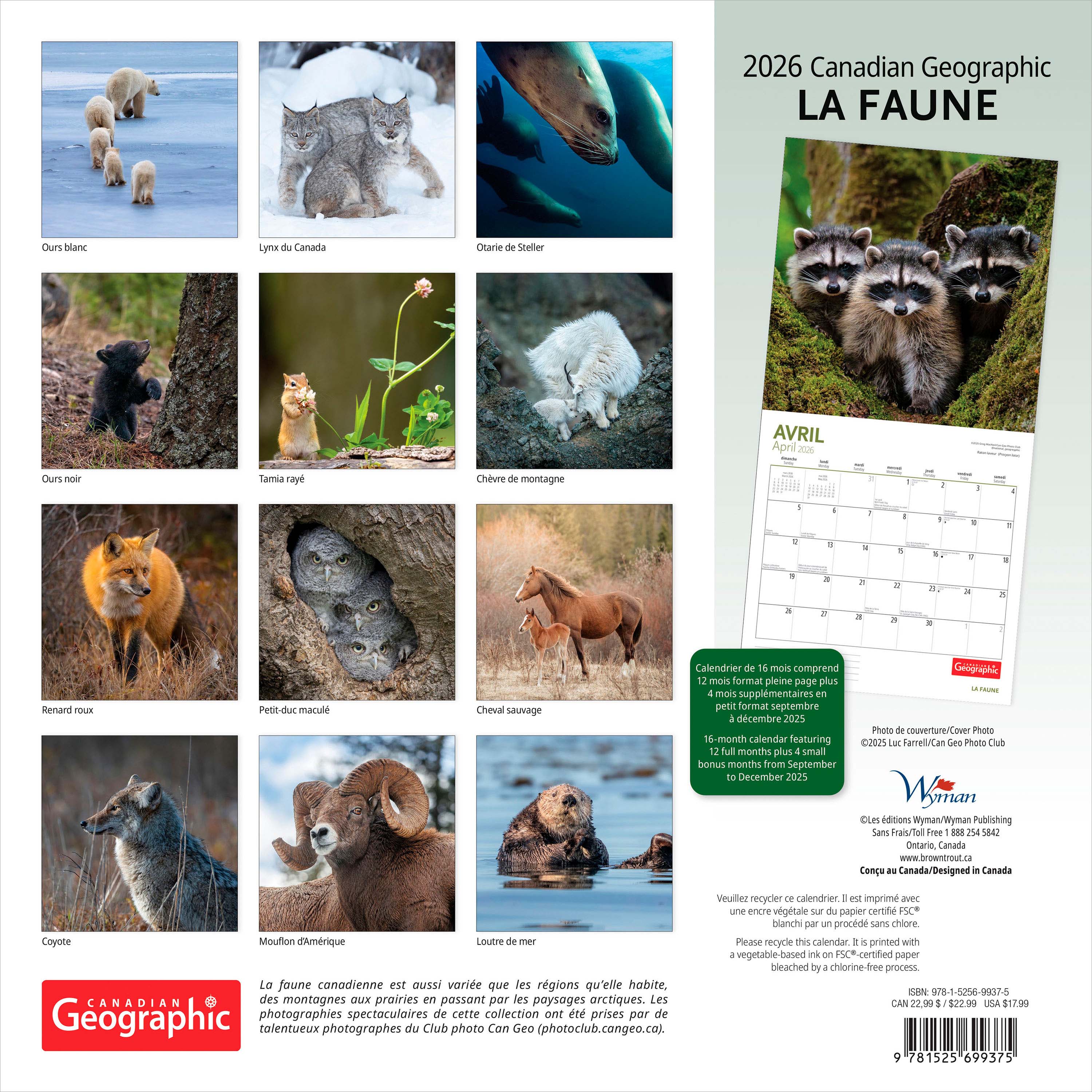 Canadian Geographic La faune 2026 Carré FRANÇAISE Wyman DÉJOUER