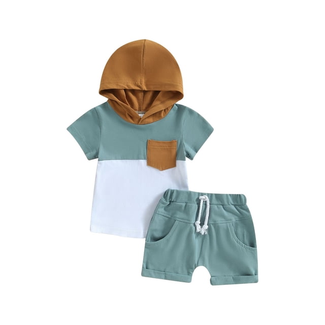 xiaxaixu Kid Boy Pants Suit featuring a casual party outfit with a hooded short sleeve top and drawstring solid color pants. The top has a patch color design with a chest pocket in mustard and teal, paired with teal shorts. Made from a soft cotton blend, this set is suitable for boys aged 0-3 years and ideal for spring, summer, and fall. Perfect for casual occasions like shopping, parties, or travel.