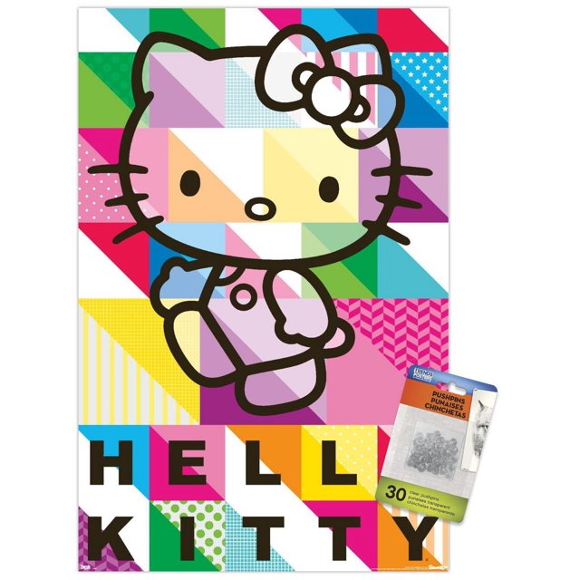 Hello Kitty - Patterns Wall Poster, 22.375" x 34", features a large black-outlined Hello Kitty character with a bow on a vibrant geometric patchwork background of colorful patterns, with bold black 'HELLO KITTY' text at the bottom, printed on glossy paper and suitable for bedroom or office wall decor, often hung using pushpins or clips.