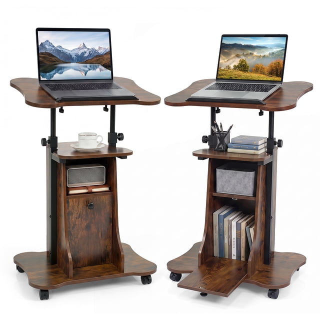 Costway 2PCS Mobile Podium Stand with Tilting Top Storage Cabinet & Lockable Wheels Rustic Brown + Black