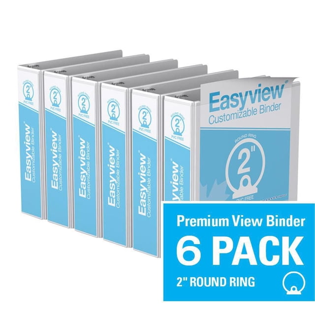 Davis Group Easyview Premium Round Ring Customizable View Binder 6 Pack 2 inch with six white binders featuring blue customizable spine labels, clear overlay on front, spine, and back covers, PVC-free polypropylene material, and 2 inch round rings for flat page viewing, suitable for presentations and reports.