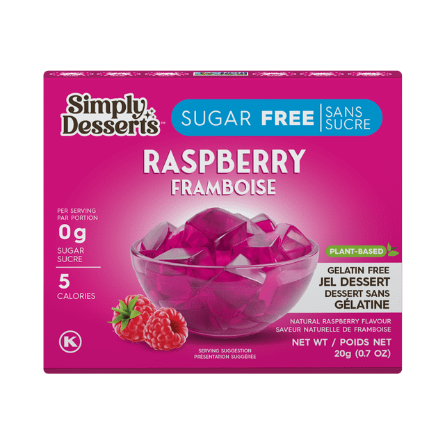 Simply Desserts - Raspberry Jel Dessert, 20g, sugar free, plant-based gelatin-free raspberry-flavored snack pudding in a clear bowl with fresh raspberries on a pink background, keto and kosher certified with 5 calories per serving, suitable for low-carb diets.