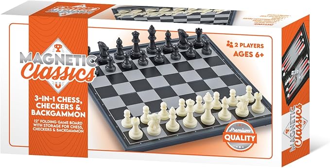 Tradeopia Classiques Magnétiques – Jeu Magnétique 3 en 1 Échecs, Dames & Backgammon de 12 pouces