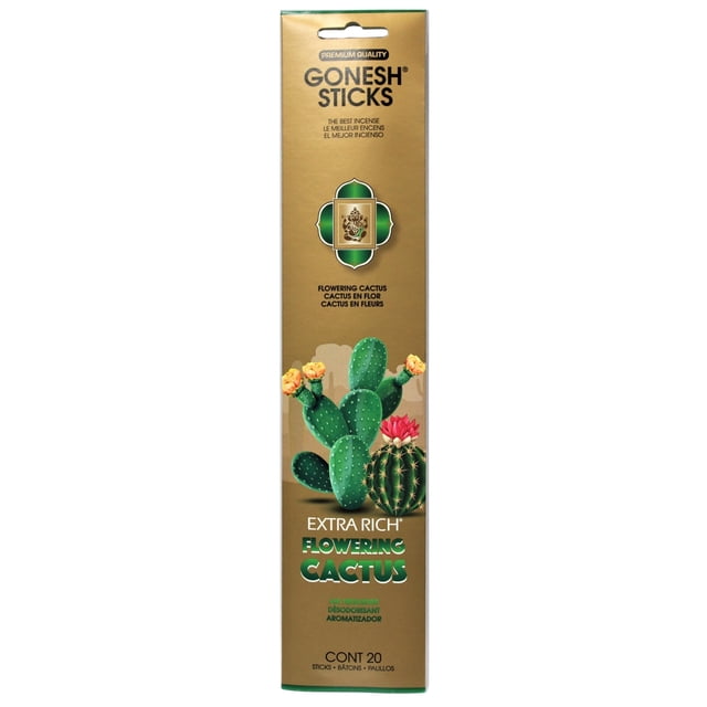Bâtonnets Gonesh Extra Riches à Fleurs, Bâtonnets d'Encens Cactus, Emballage en Or avec illustrations de Cactus à Fleurs Vertes, Contenant 20 Bâtonnets Conçus pour Rafraîchir l'Air et Aromatiser les Espaces Intérieurs.