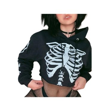 Diconna Women Skeleton Cropped Hoodies Long Sleeve Relaxed Fit Sweatshirts