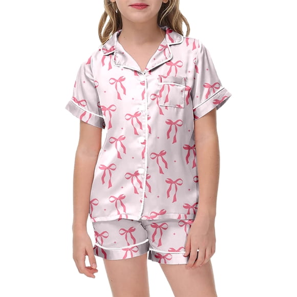 Aocisk Pajamas for Kids Girls Bow Knot Printed Pajamas Set Short Sleeve Button Top Shorts Home Sleepwear for Children Pajamas for Girls Pink_001 6-7 Years