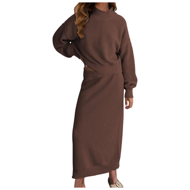 Ensemble Jupe Chandail 2 Pcs pour Femmes - Polyester, Col Montant, Manches Longues - S-TTG