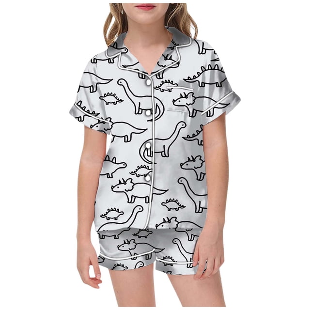 Hiiyo Pajamas for Girls Dinosaur Print Button-Down Sleepwear Set, 2-Piece, Sizes 2-13T