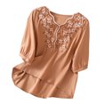 thumbnail image 1 of Pompotops Blouse à Col en V pour Femmes en Coton et Lin à Manches Trois-Quarts avec Manches Lanterne Liquidation, 1 of 5