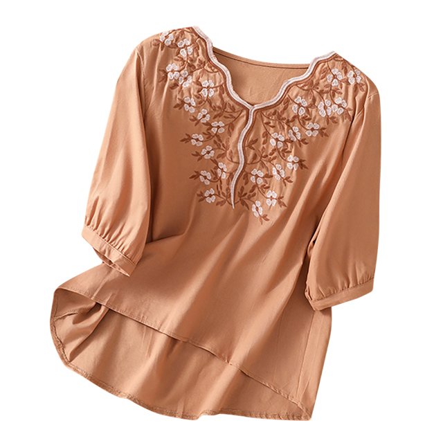 Pompotops Blouse à Col en V pour Femmes en Coton et Lin à Manches Trois-Quarts avec Manches Lanterne Liquidation