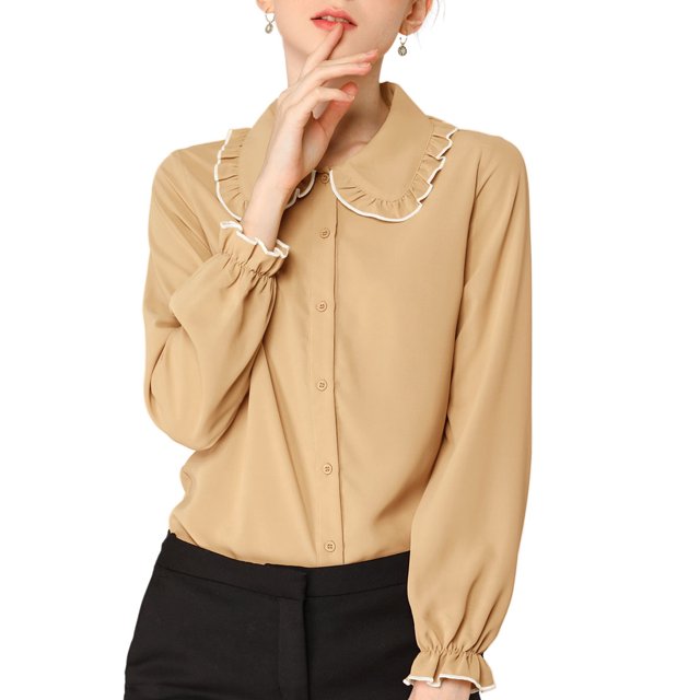 INSPIRE CHIC Women's Sweet Ruffle Peter Pan Collar Button Up Work Shirts