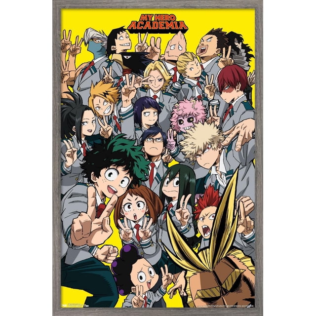 My Hero Academia - Affiche Murale de Selfie Mettant en Vedette des Personnages d'Anime en Uniformes Scolaires Posant avec des Signes de Paix sur un Fond Jaune Vif, Encadrée en Bois Gris, Imprimée sur du Papier à Fini Satiné Lustré pour Rehausser des Couleurs Vibrantes, Convient pour Décorer des Chambres, des Bureaux Ou des Résidences Étudiantes.