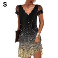 thumbnail image 2 of fastboy Robe Courte à Manches Courtes Imprimée Col en V pour Femmes Robe Décontractée Soirée École Fiançailles Été Mariage Anniversaire Vêtements Or S, 2 of 5