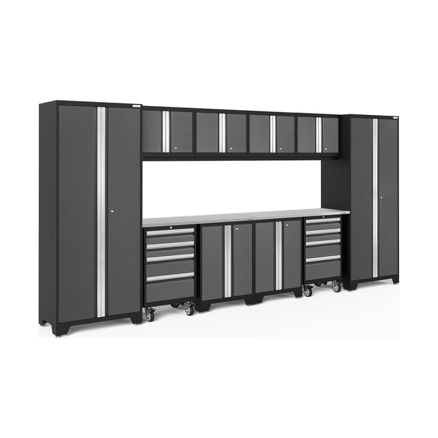 NewAge Products Bold Series 12-Piece Cabinet Set in grey, featuring 2 multi-use lockers, 4 wall cabinets, 2 base cabinets, 2 rolling tool cabinets, and two 48-inch stainless steel worktops. Made from 24-gauge steel with a powder-coat finish, the set includes height-adjustable shelves, full-length aluminum handles, and fully-lockable doors. Rolling tool cabinets have 4-inch anti-tip locking casters for mobility. Dimensions: 156 inches wide, 18 inches deep, and 72 inches high, adjustable to 76.75 inches with legs.