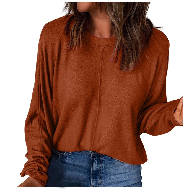Yuyuzo Hauts Grande Taille pour Femmes Chic Mode Décontracté Couleur Unie Chemises de Bas Manches Longues Col Rond Hauts