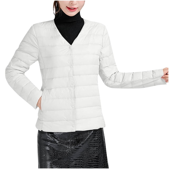 Cameland Women's Solid Color Lightweight Down Jacket V-neck Short Jacket Long Sleeved Cotton Jacket