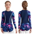 thumbnail image 1 of Eandarui Kids Girls 2 Piece Rash Guards Swimsuit Long Sleeve Patchwork Flower Print with Short Swimwear Purple 100, 1 of 6