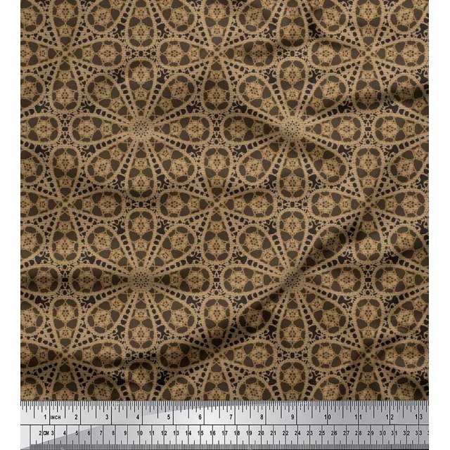 Soimoi Moss Georgette Fabric Stripe & Floral Block Printed Fabric 1 Yard 42 Inch Wide