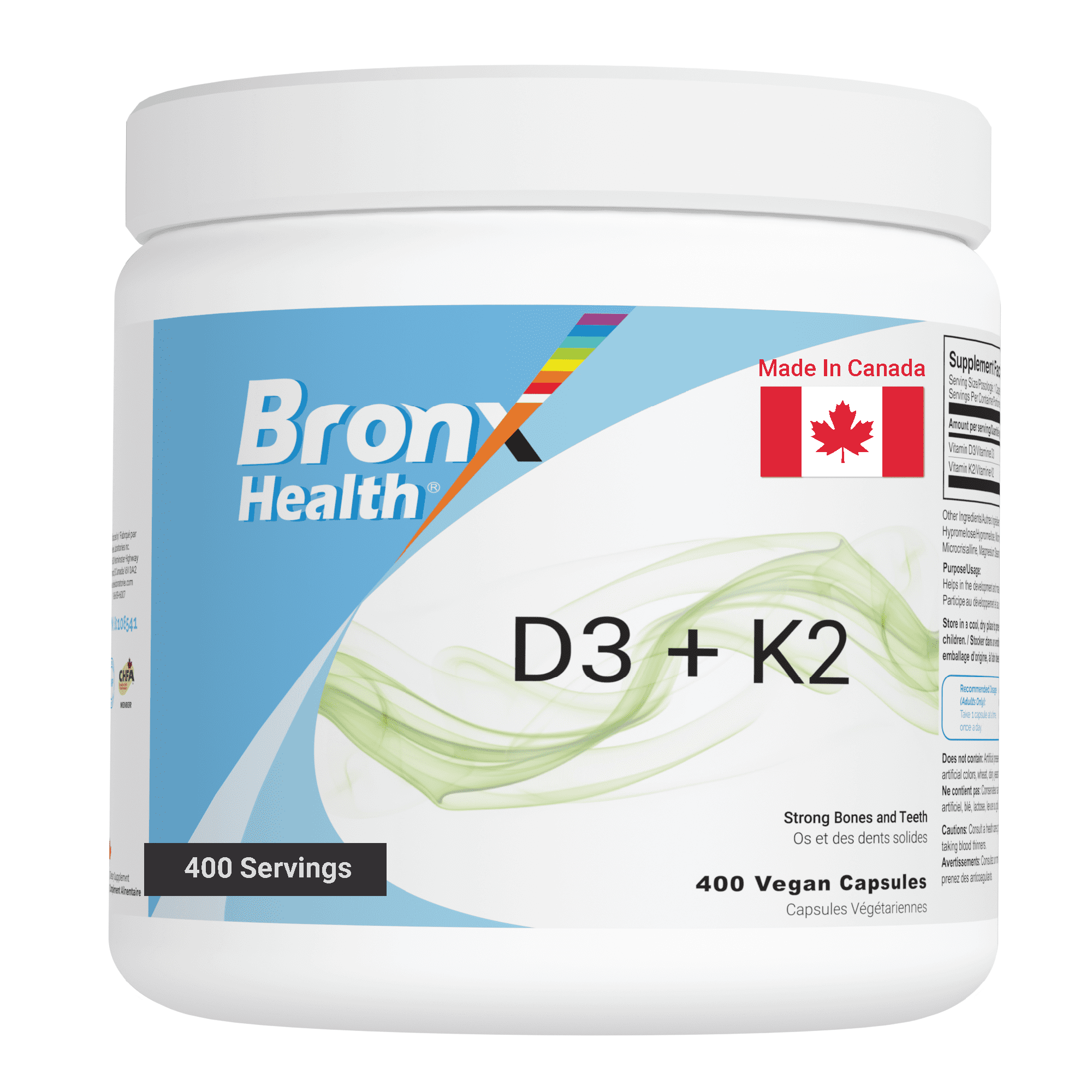 BRONX Vitamin D3 K2 (MK-7) High Potency 120MCG/1000 IU 400 Vegan Capsules