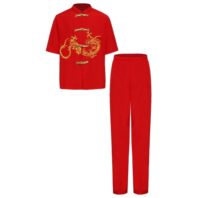 Oyolan Garçons Coton Uniforme Tang Brodé Dragon Traditionnel Chinois Kung-Fu Tang Arts Martiaux Ensembles Rouge-A 130