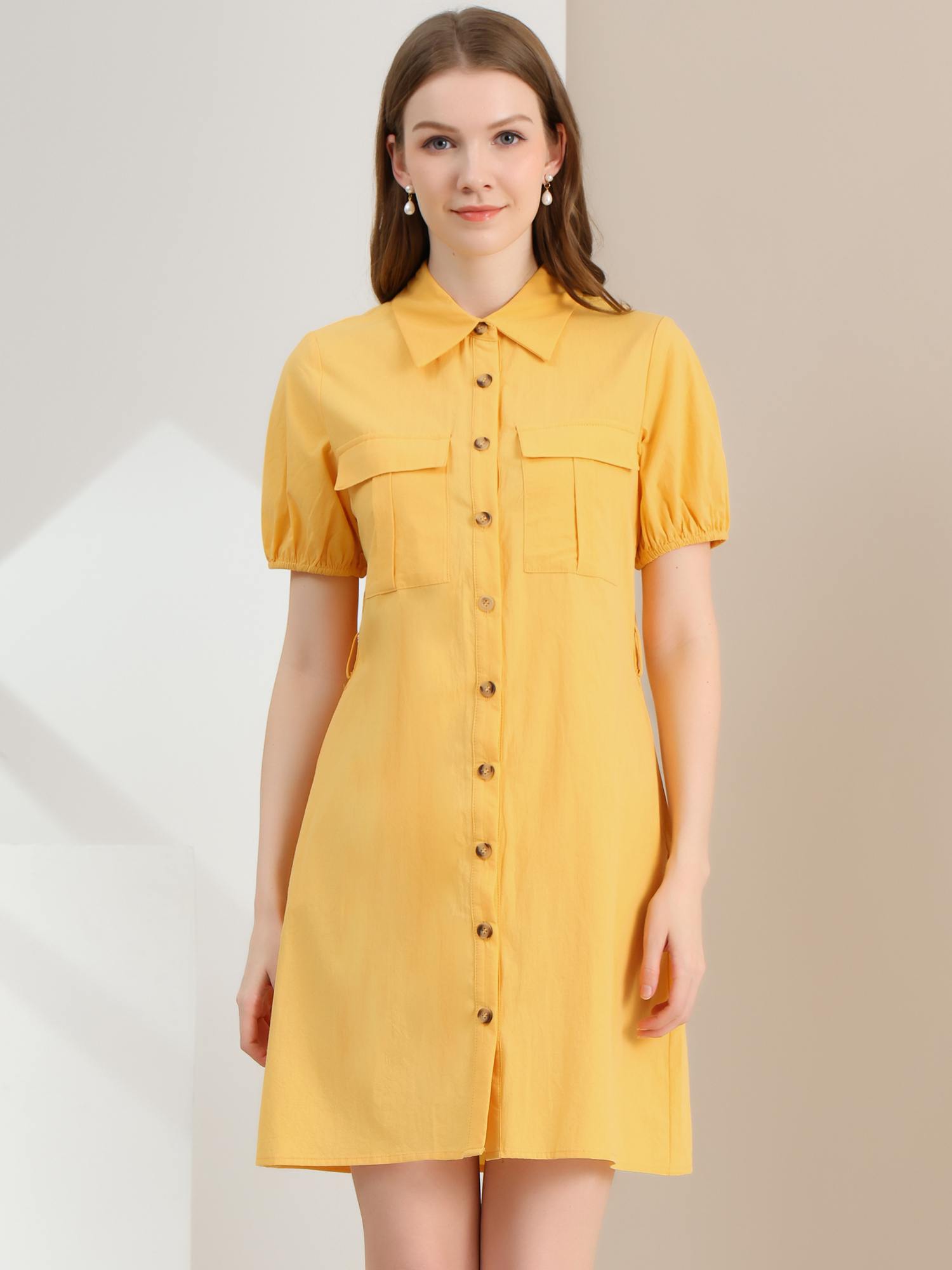 INSPIRE CHIC Robe-Chemise Boutonnée pour Femme à Col, Manches Courtes, Style Safari, avec Poches et Ceinture