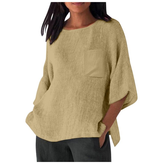 Hauts d'Été pour Femmes Élégants avec Manches 3/4 et Col Rond en Chemises Unies Confortables pour Femmes Kaki G