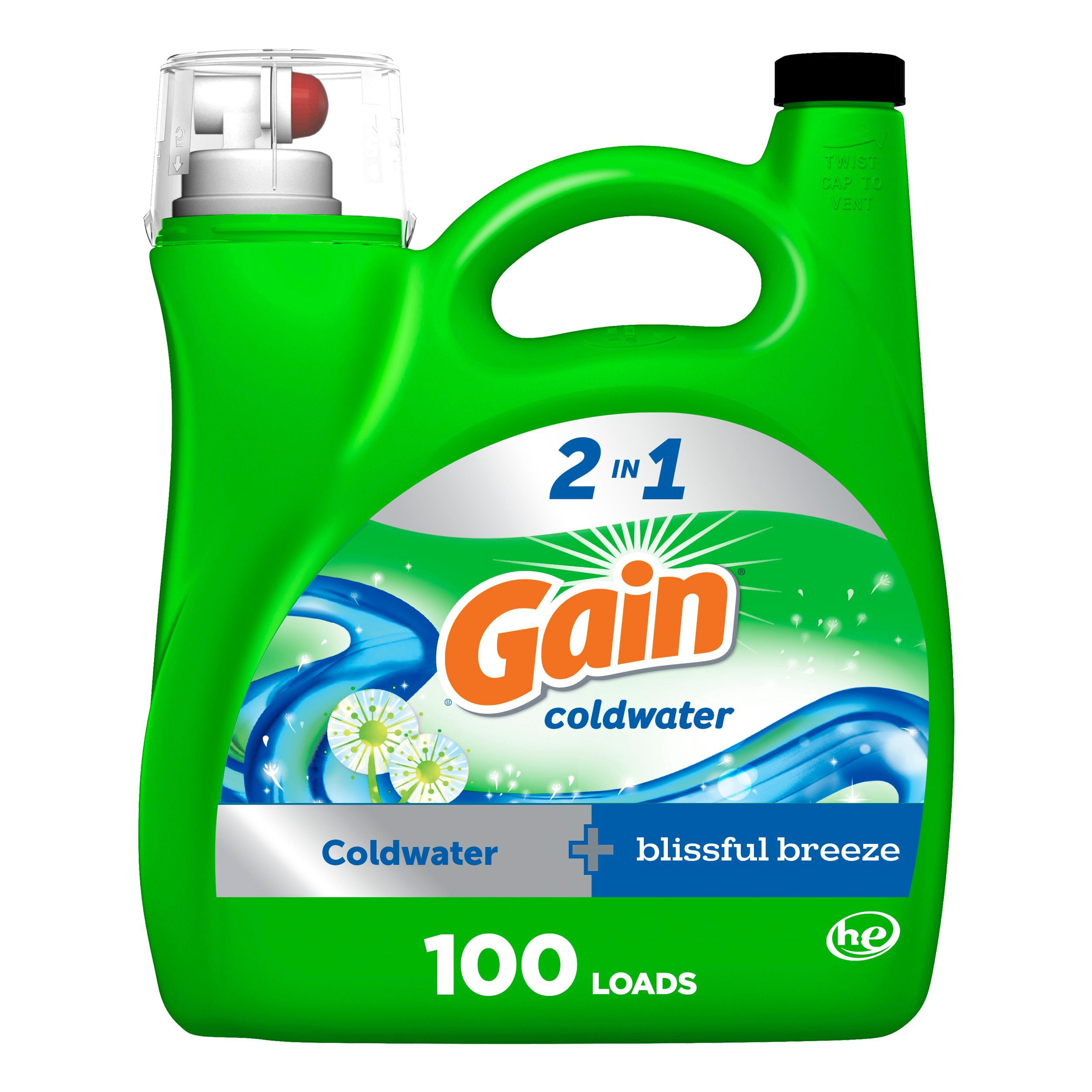 Gain Coldwater Liquid Laundry Detergent, Blissful Breeze Scent, 2 in 1 Freshness, Laundry Detergent Liquid Soap, HE compatible, 100 wash Loads